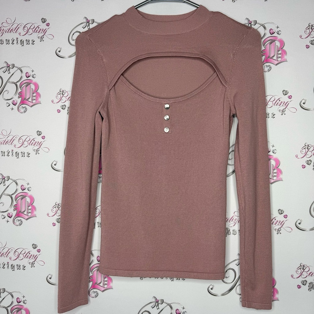 Guess top long sleeve open cut out front light blush rose pink silver studs